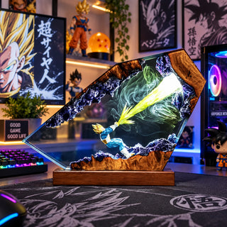 Illuminated resin warrior display lamp in a gaming desk setup