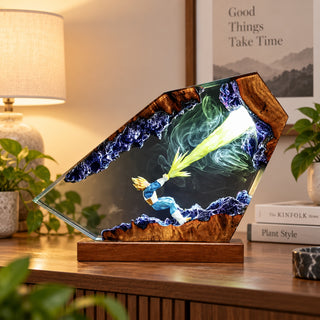 Resin energy warrior display lamp on a warm home desk