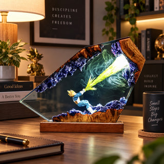 Resin energy warrior lamp displayed in a warm study room
