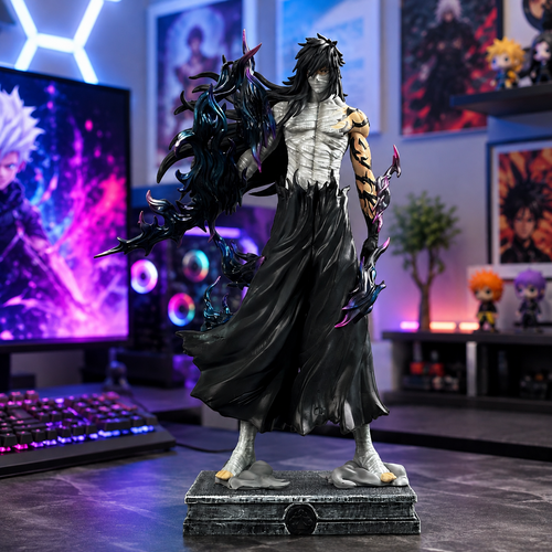 Bleach Ichigo Kurosaki Mugetsu figure in a neon gaming room setup