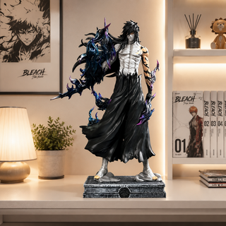 Bleach Ichigo Kurosaki Mugetsu figure on a display shelf with warm lighting