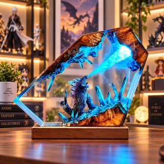 Blue dragon resin display lamp in a collector room