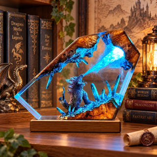 Blue dragon resin display lamp in a warm fantasy study
