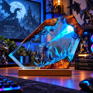 Blue dragon resin display lamp in a dark gaming setup
