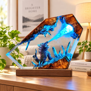 Blue dragon resin display lamp on a warm home desk