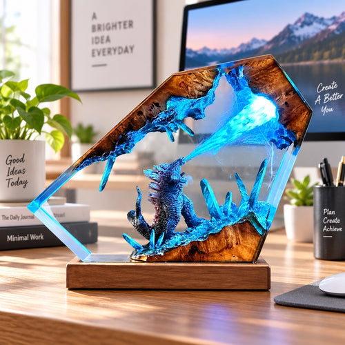 Blue dragon resin display lamp on a bright office desk
