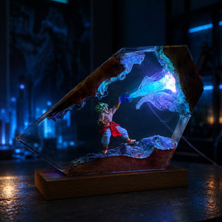 Illuminated anime resin display with green-haired muscular warrior and blue energy effect in a dark room
