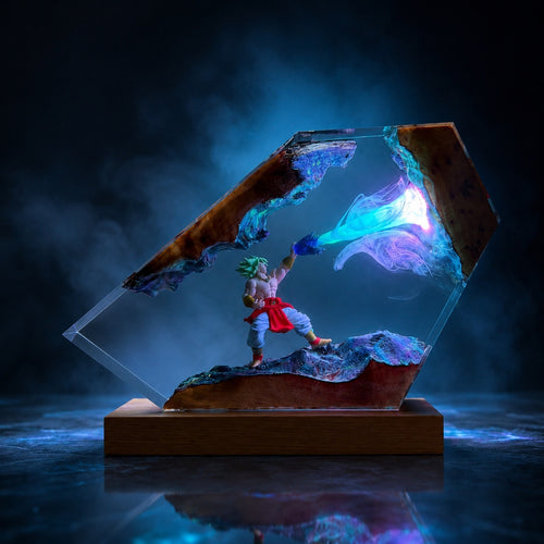 Illuminated anime resin display with green-haired warrior and blue energy effect on a reflective dark surface