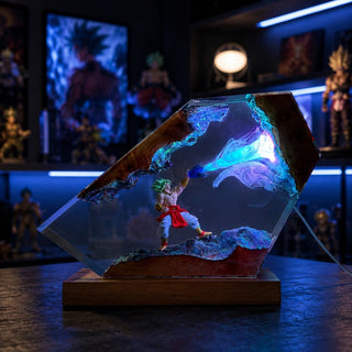 Illuminated anime resin collectible with green-haired warrior in a blue gaming display room