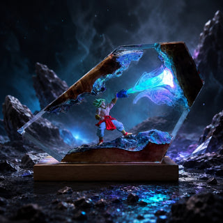 Illuminated anime resin display with green-haired warrior and blue energy effect in a rocky fantasy setting
