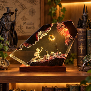 Dark fantasy glowing ring resin lamp in a fantasy collector room