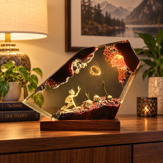 Dark fantasy glowing ring resin lamp on a warm home desk