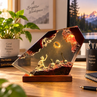 Dark fantasy glowing ring resin lamp on a bright office desk