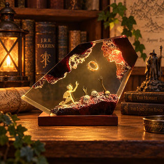 Dark fantasy glowing ring resin lamp in a warm study