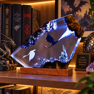 Fantasy dragon resin lamp in a collector shelf display