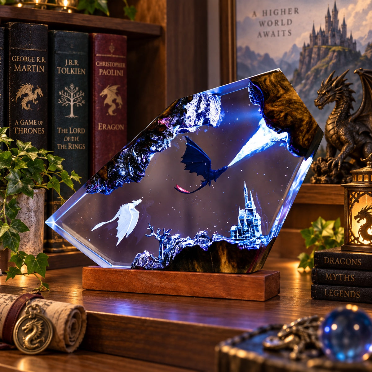 Fantasy dragon resin lamp on a wooden desk in a warm study