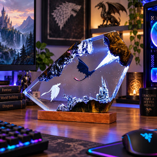Fantasy dragon resin lamp in an RGB gaming desk setup