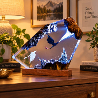Fantasy dragon resin lamp displayed on a warm home desk