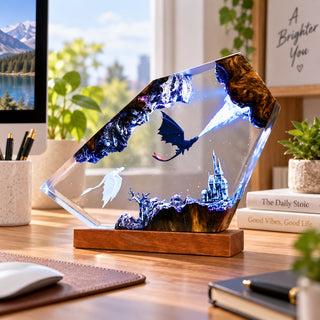 Fantasy dragon resin lamp on a bright office desk