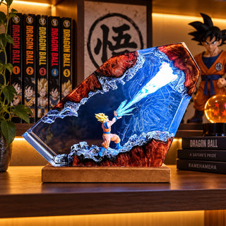 Illuminated anime resin collectible display with blue energy effect on a warm display shelf