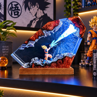 Illuminated anime resin collectible display with blue energy effect in a dark anime display room