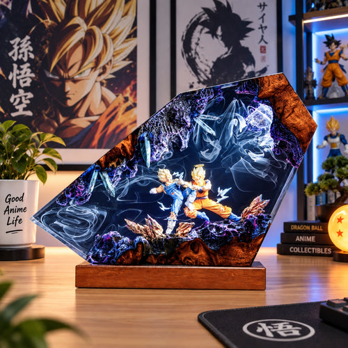 Illuminated anime resin display featuring two blond martial arts characters in a battle scene