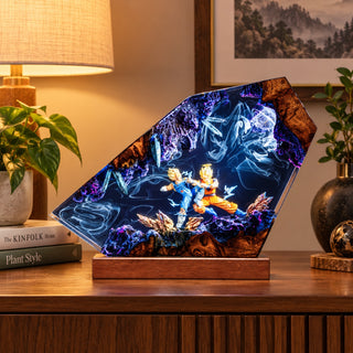 Illuminated anime resin battle display on a warm home decor cabinet