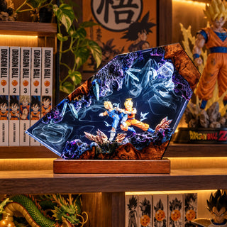 Illuminated anime resin battle collectible displayed on a manga shelf