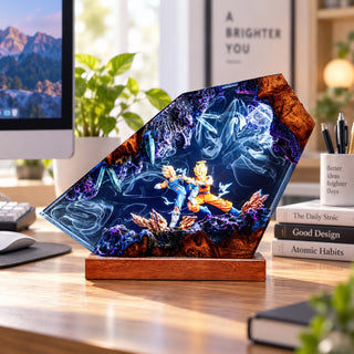Illuminated anime resin battle collectible on a bright office desk