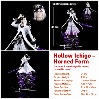 Hollow Ichigo Horned Form figure specifications showing 31 cm height, 1.3 kg weight and included accessories
