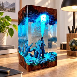 Illuminated resin kaiju diorama lamp on a wooden desk