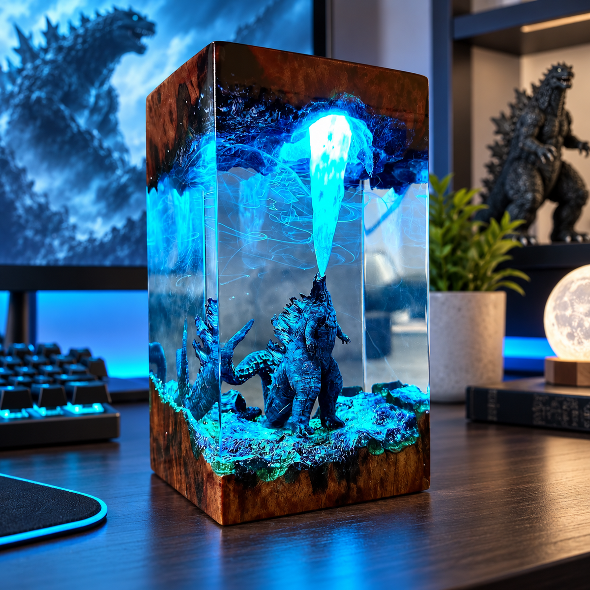 Blue illuminated resin monster diorama lamp in a gaming desk setup