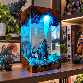 Resin monster diorama lamp displayed on a collector shelf