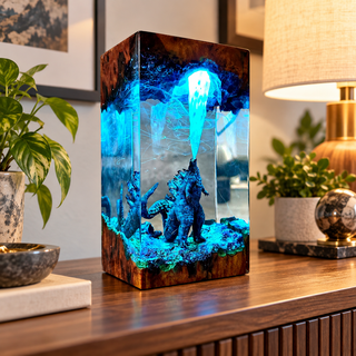 Illuminated resin creature diorama lamp in a warm home interior