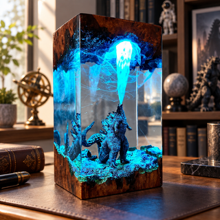 Blue illuminated resin kaiju scene lamp in a study room