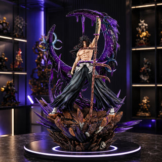 Kokushibo Upper Moon One collectible figure displayed in a dark purple-lit collector room
