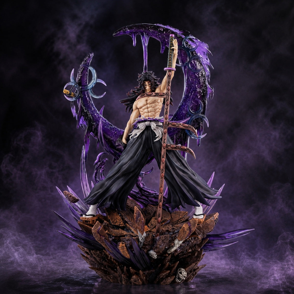 Kokushibo Upper Moon One 42 cm collectible figure on a purple smoke studio background