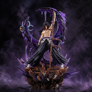 Kokushibo Upper Moon One 42 cm collectible figure on a purple smoke studio background