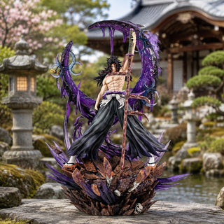 Kokushibo Upper Moon One 42 cm collectible figure displayed in a Japanese garden setting