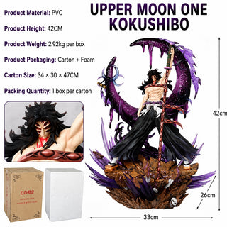 Kokushibo Upper Moon One collectible figure specifications showing 42 cm height, PVC material and packaging details