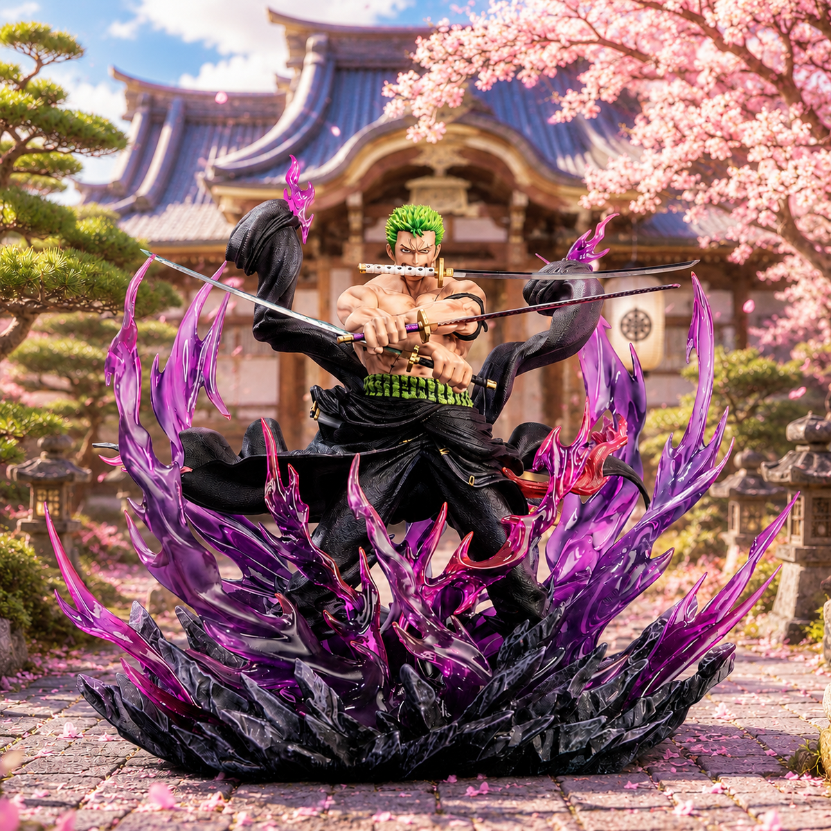Roronoa Zoro 33cm collectible figure with purple aura display in Japanese garden setting