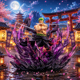 Roronoa Zoro 33cm three sword collectible figure with purple aura in moonlit Japanese display