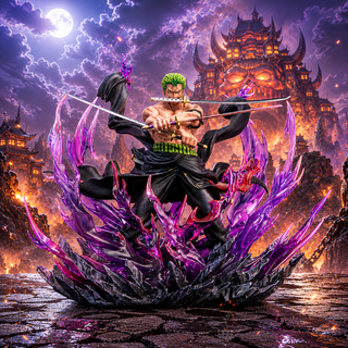 Roronoa Zoro 33cm three sword collectible figure with purple aura in dramatic night display