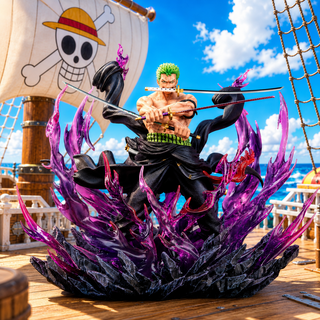 Roronoa Zoro 33cm three sword collectible figure with purple aura on ship deck display
