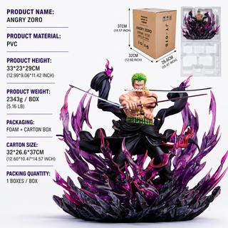 Roronoa Zoro 33cm collectible figure specifications, PVC material, packaging and carton dimensions
