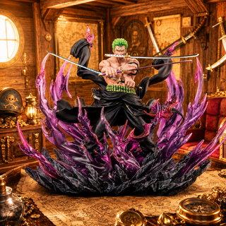 Roronoa Zoro 33cm collectible figure with purple aura in warm treasure room display